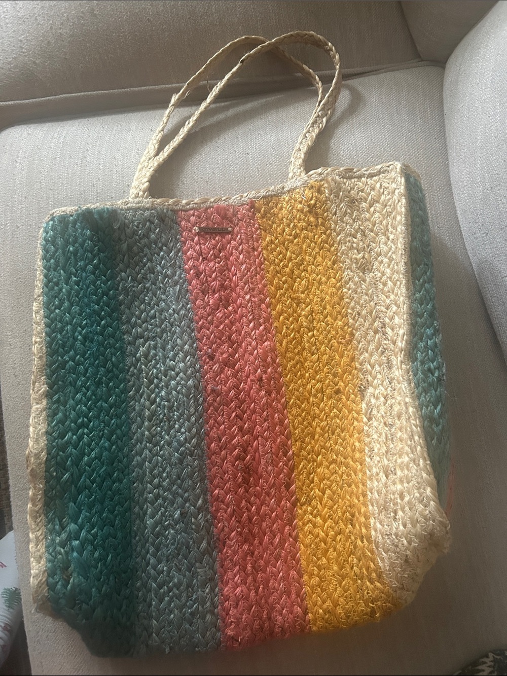 Oniell Strippped Multicolor Straw Tote Bag - Cream, Yellow, Pink, Teal